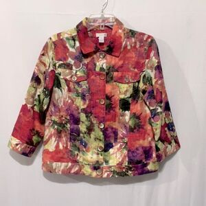 CHICO’S linen Blend vibrant floral watercolor print jacket button front pockets